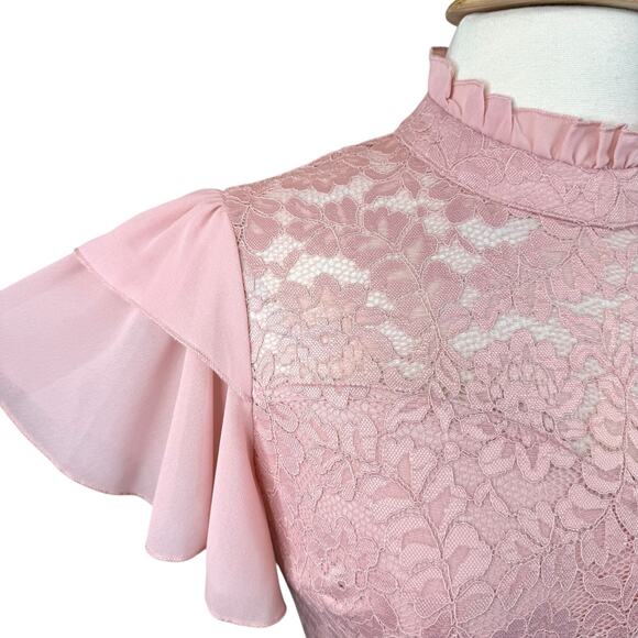 Womens Dusty Pink Floral Lace Butterfly Sleeve High Neck Maxi Formal Dress Small - Picture 9 of 16
